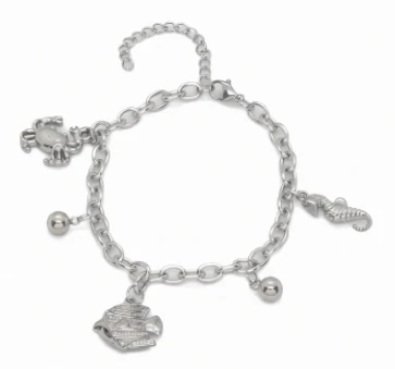 Pulsera tobillera de acero quirurgico eslabon tiff dijes tematica playa y mar macisos,pez,caballito 